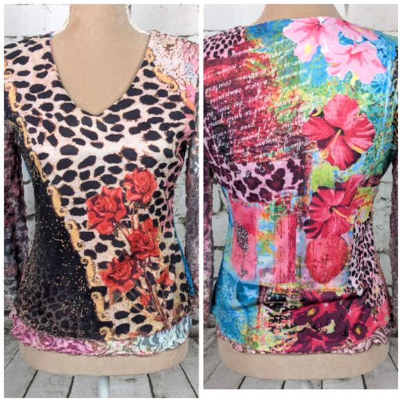 Reversible Y2K 90s Phoebe Buffay Stretch Mesh Floral Animal Print Top Small - Picture 1 of 7